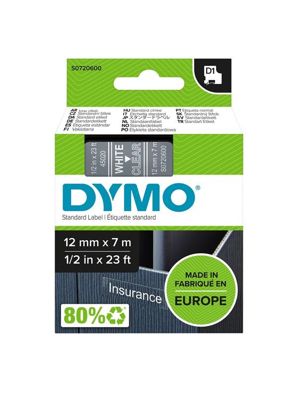 D1 Tape | 12mm X 7m Rulle | Hvid På Klar fra Dymo