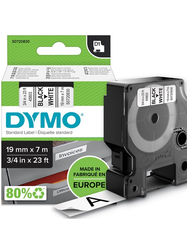 D1 Tape | 19mm X 7m Rulle | Sort På Hvid fra Dymo