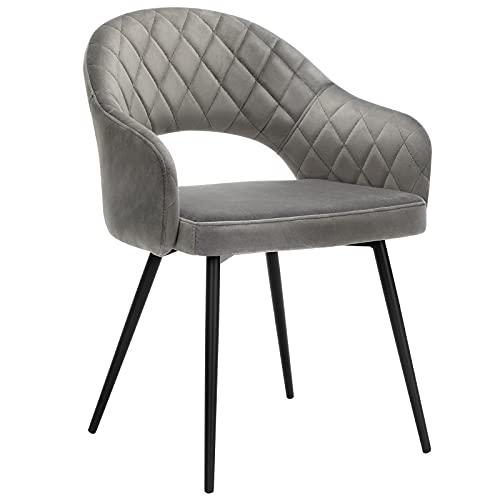 Elegant Grå Velour Spisebordsstol med Armlæn og Metalben
