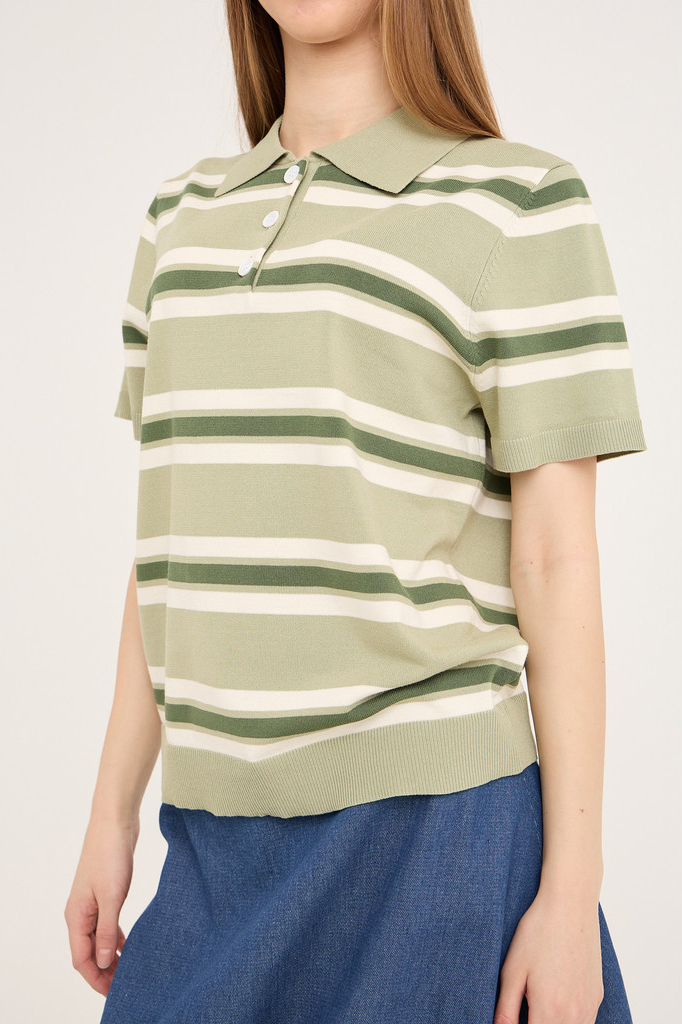 A View   T Shirt   Polo Stripe Knit Blouse   Dusty Green fra A-view